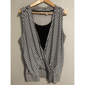 Chicos Top Womens 3 US XL Black White Stripe Faux Wrap Sleeveless Stretch Modern